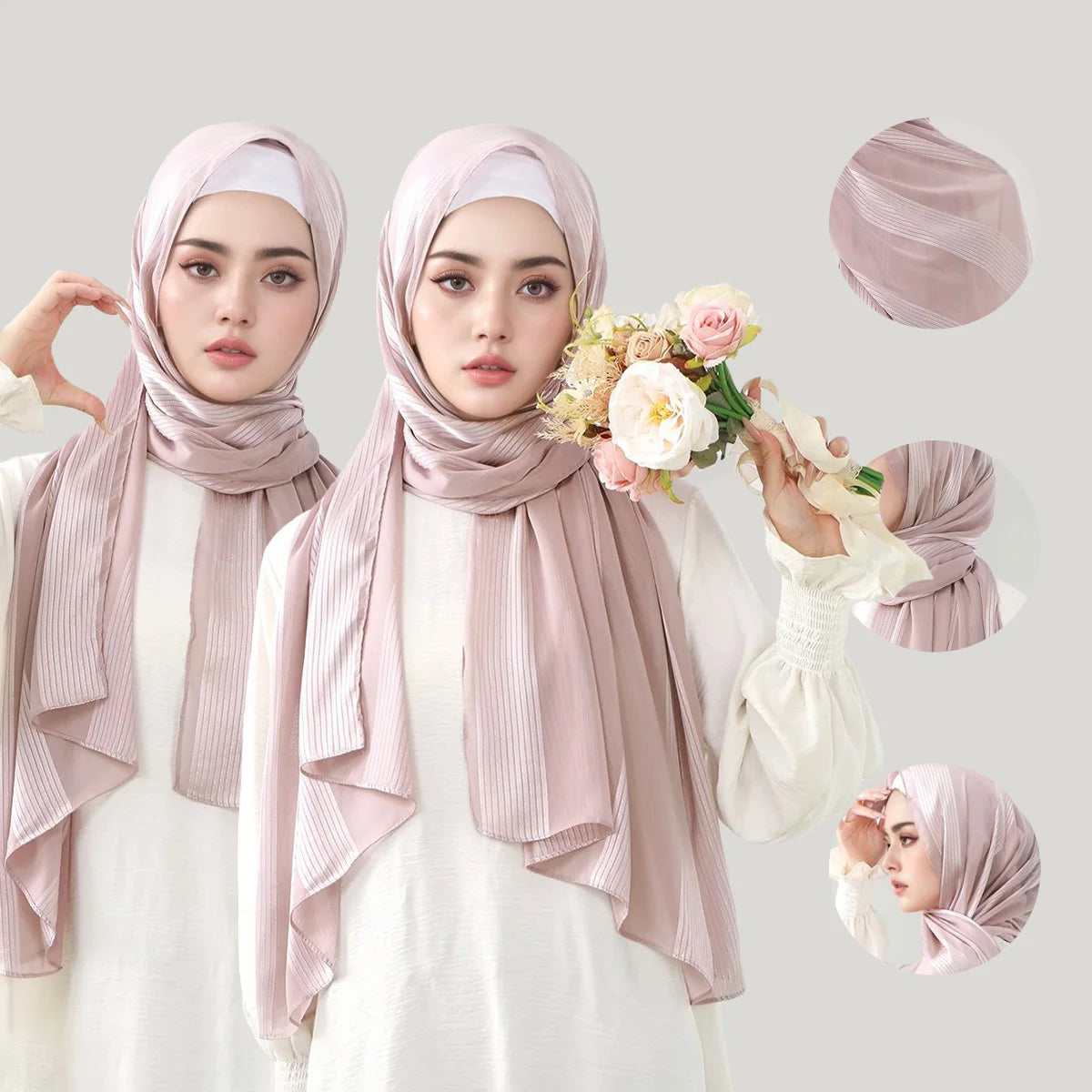 Ramadan New Premium Striped Islam Turban Women Shawl Gradient Shiny Long Satin Silk Headscarf Head Wraps Muslim Hijab 180*75CM