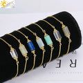 CSJA New Adjustable Gold Color 316L Stainless Steel Faceted Gemstone Cylinder Natural Healing Stone Crystal Bracelets Women H128