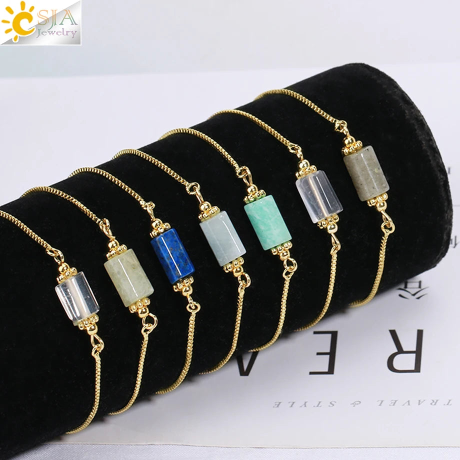 CSJA New Adjustable Gold Color 316L Stainless Steel Faceted Gemstone Cylinder Natural Healing Stone Crystal Bracelets Women H128
