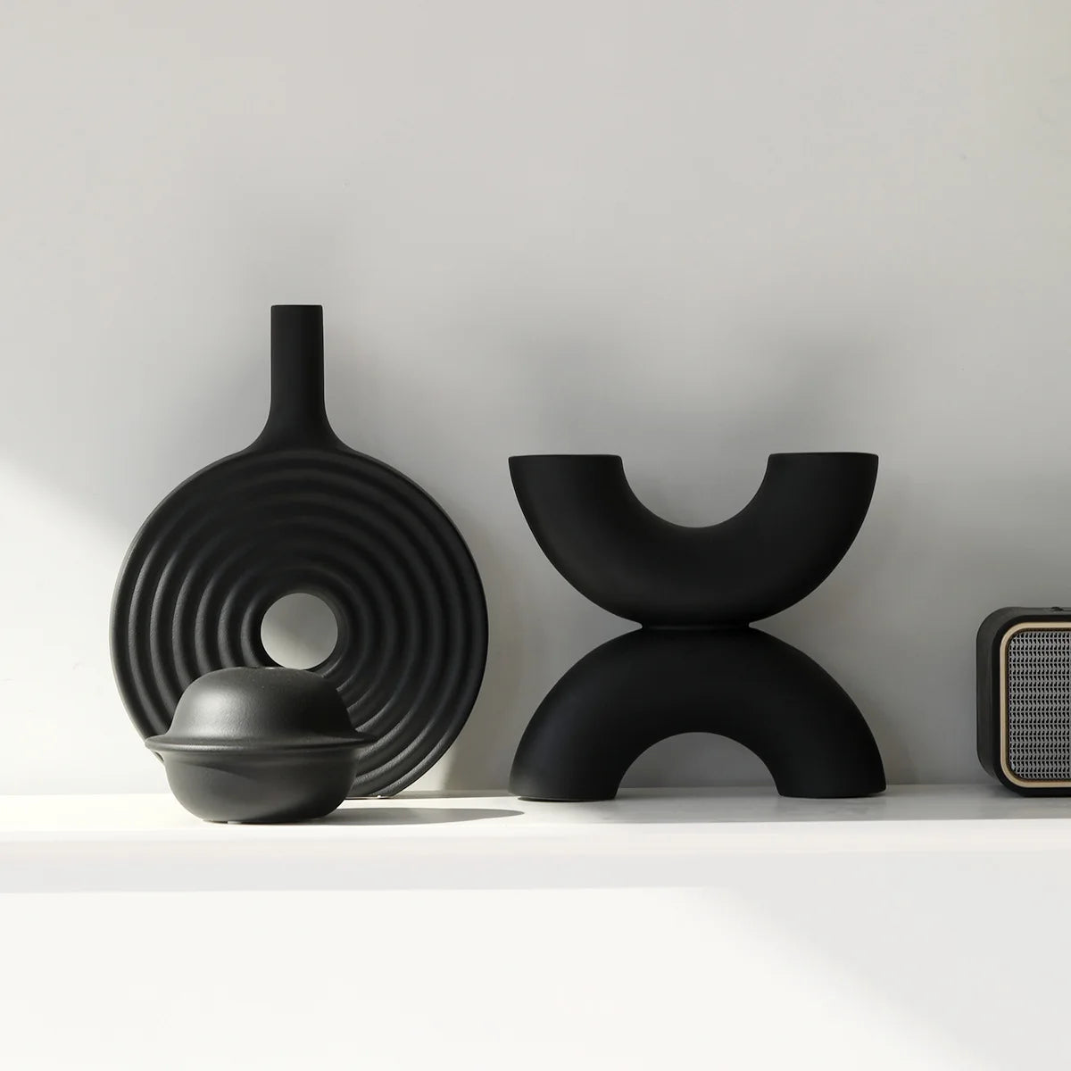 Modern Abstract Matte Black White Ceramic Decorative Vase Set Minimalist Artistic Home Decor