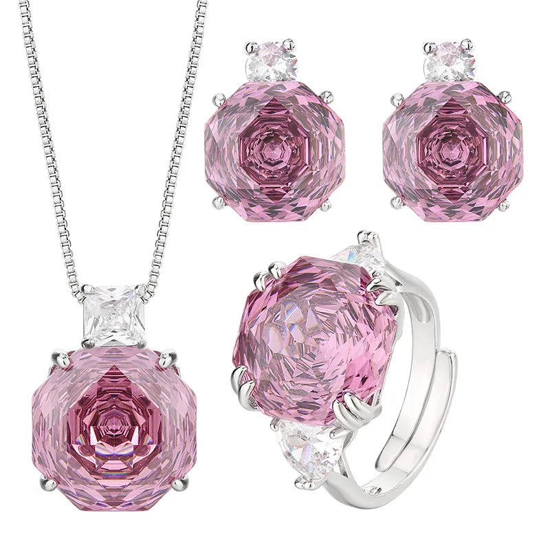 Luxury Rose Flower Necklace Earrings Ring Fashion Women's Jewelry Sparkling Zirconia Wedding Engagement Jewelry
