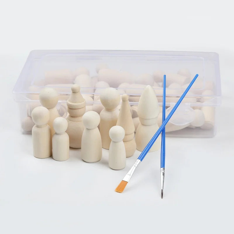 43pcs DIY Decorative Toy Wooden Figures Natural Wood Color Small Wooden Figures Boxed Children's Creative Paintable Wooden Dolls
