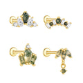 925 Sterling Silver Flat Back Moss Agate Geometric Crown Marquise Stone Drop Stud Piercing Earrings Gold
