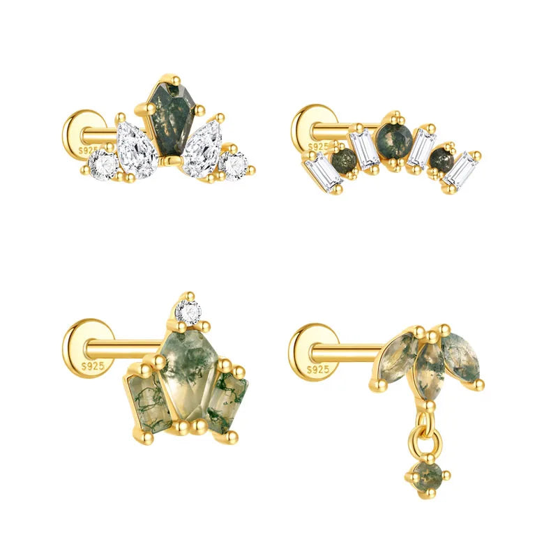 925 Sterling Silver Flat Back Moss Agate Geometric Crown Marquise Stone Drop Stud Piercing Earrings Gold