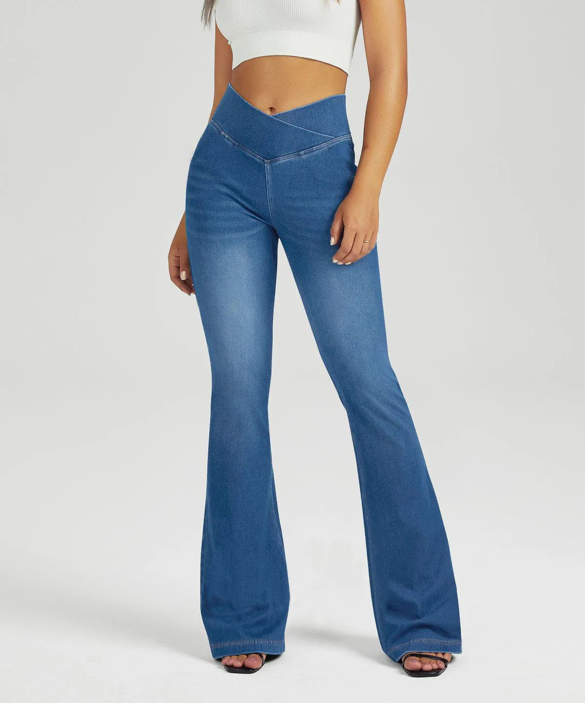 Women High Waisted Flare Jeans Denim XL Tummy Control Stretchy Bell Bottom Wide Leg Pull-On