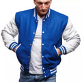 Royal Blue Varsity Jacket with White Sleeves Snap Button Wool Body Baseball Style Custom College Bomber Letterman Coat