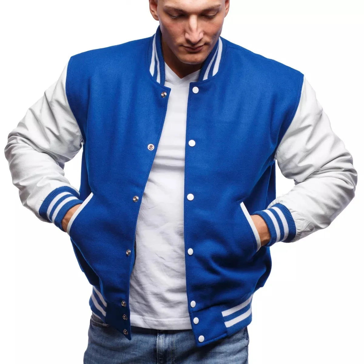 Royal Blue Varsity Jacket with White Sleeves Snap Button Wool Body Baseball Style Custom College Bomber Letterman Coat