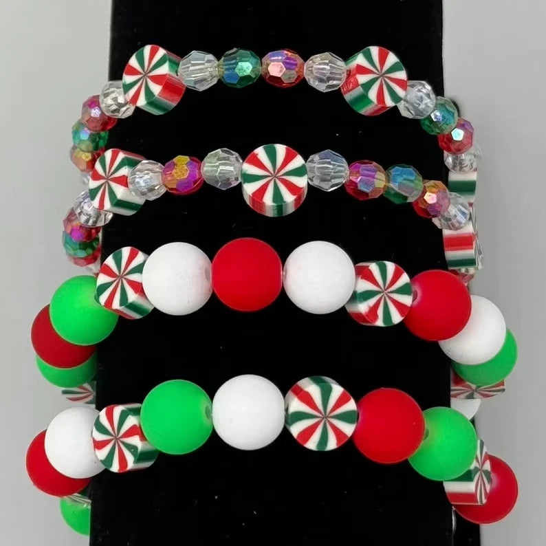 Red & Green Peppermint Inspired Christmas Theme Handmade Beaded Bracelets - Multiple Sizes Available