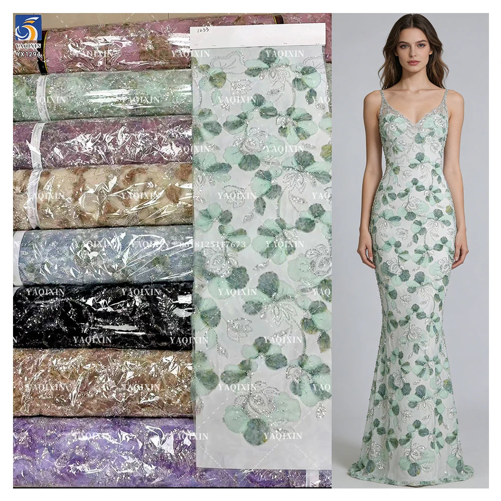 YX1294 15 Yards 400gsm Heavyweight Embroidered Pale Green Flowers Sequins Lace Fabrics for Chinese Women's Fashion Clothing