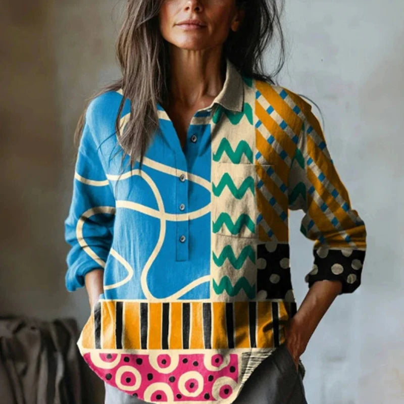 2025 Summer Elegant Office Ladies' New Loose Casual Printed Turnover Collar Long-sleeve Women's Blouse
