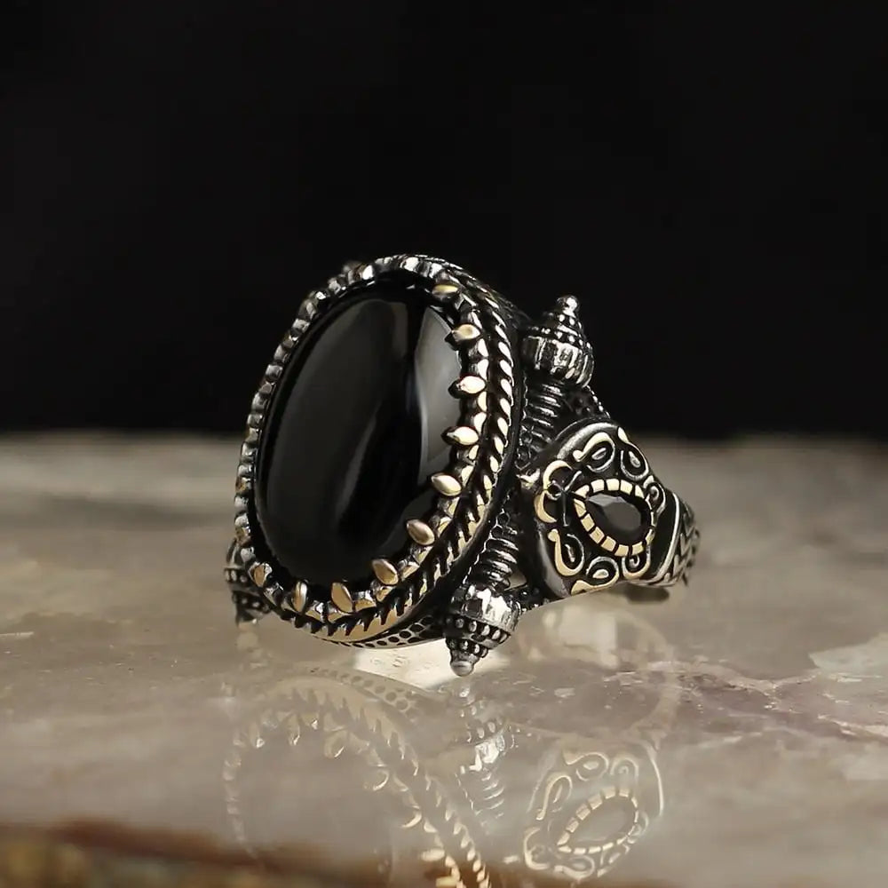 Azuris Custom Logo 925 Sterling Silver Ottoman Style Men's Ring Naturel Black Stone Handmade in Turkey Model VALKH1484