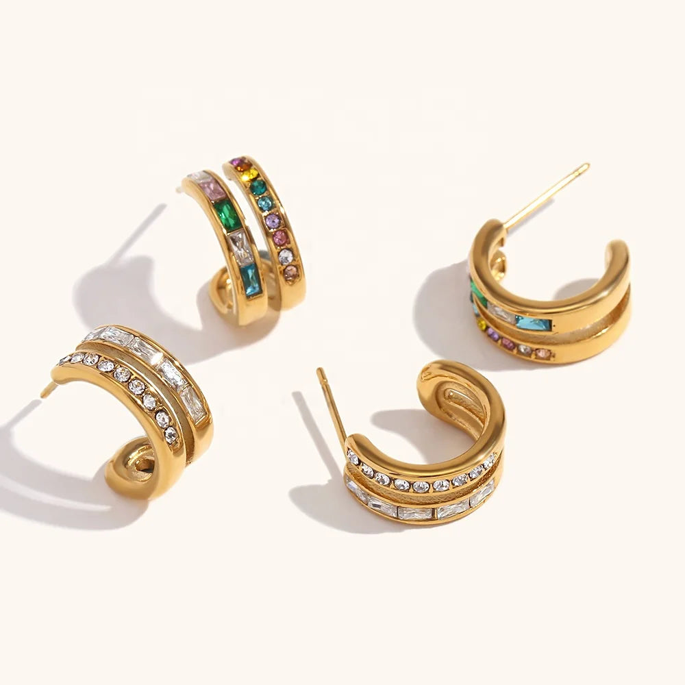 Dingran Latest Design Jewelry Stainless Steel Double Layer C-Shaped Colorful Zircon Hoop Earrings