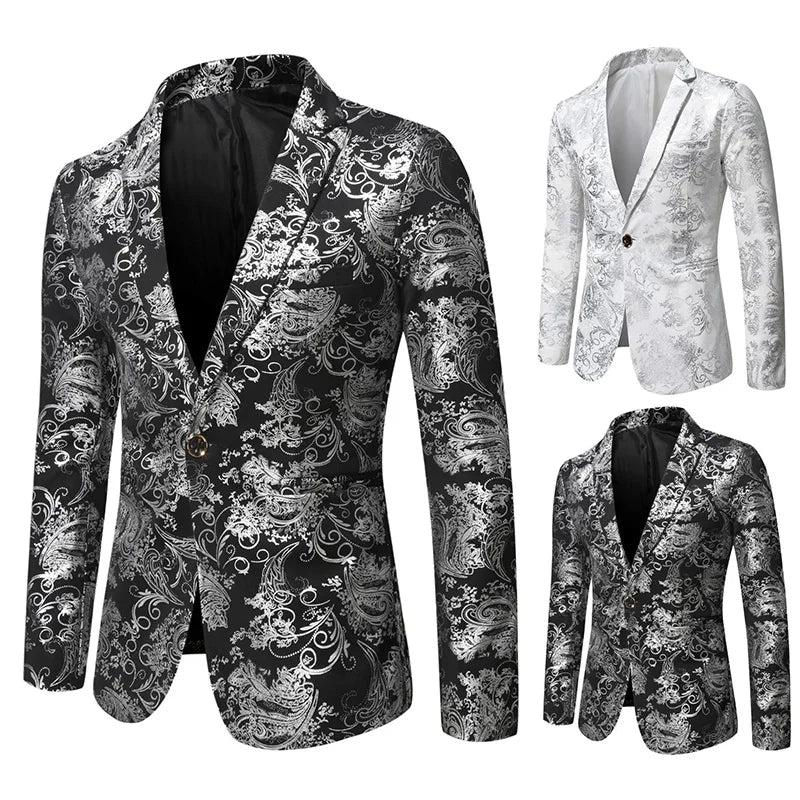 RNSHANGER Autumn Men's Slim Fit Print Blazer Jacket Fashion Handsome Business Casual Silver Stage Show Male Suit Jacket
