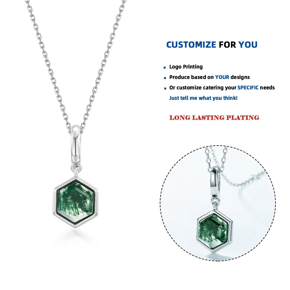 Hexagon Natural Moss Agate Pendant Necklace for Women Geometric Gemstone Wedding Certified Fine Jewelry Lady Gifts Wholesale