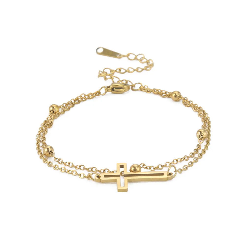 Wholesale Women's Religious Rose Gold Plated Zinc Alloy Classic Symbols Charm Cross and Bead Bangle