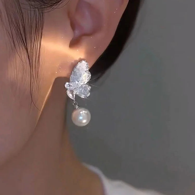 CLBX Women's S925 Silver Needle Earrings Crystal Blue Pink Butterfly Pearl Advanced Design Metal Fashion Jewelry