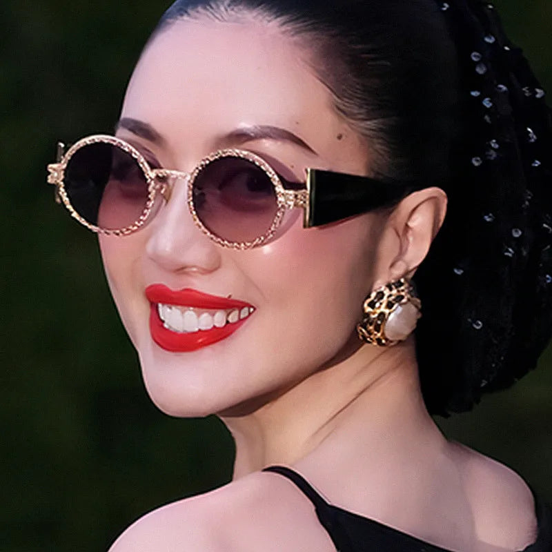 Logo Custom 2025 Fashion Lady Metal Oval Punk Sun Glasses UV400 Wide Temples Round Sunglasses Women