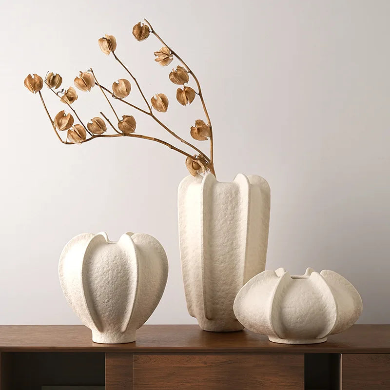 Modern Ceramic Vase Textured Pleated Design Decorative Flower Vases for Living Room Tabletop & Home Interior Decoration