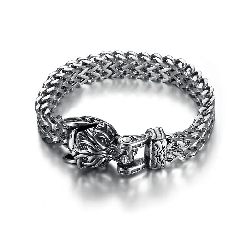 Wholesale Fashion Men's Classic Stainless Steel Zircon Princess Cut Viking Wolf Head Antique Chain & Link Gift Party Bracelet