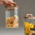 Factory Hot Selling Kitchen Square Borosilicate Glass Storage Jar With Acacia Wooden Lid for Food Spice Sugar Spaghetti Storage