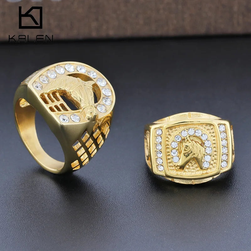 Fenyi Wholesale Jewelry Anti-fading Personality Classic HIPHOP Fashion Hollow Stainless Steel Diamond Horse Head Ring for Men