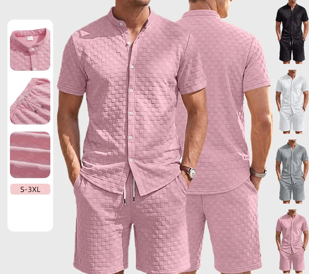 Best-selling European and American Summer Men's Large-sized Solid-color Waffle Collar Shirt Casual Short-sleeved Short Pants Set MegaBDM