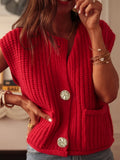 Tops Casual Button Pocket Cardigan Sleeveless Knitted Crop Crew Neck Short Sweater Streetwear Knitwear Vest for Ladies