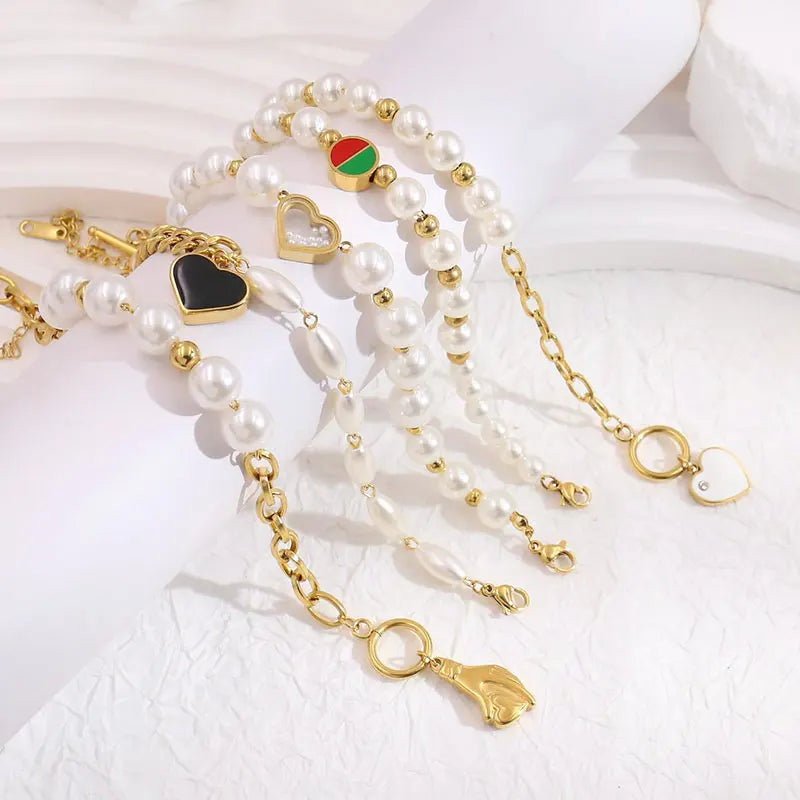 Korean Design Natural Freshwater Pearl Stitching Chain 18K Gold Plated Stainless Steel Heart Butterfly Charm Bracelet Bangle