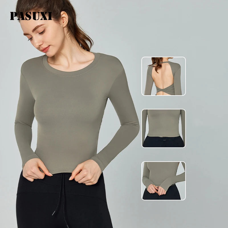 PASUXI Women's Long Sleeve Yoga Suit Open Back Quick-Dry Fitness Top with Chest Pad Breathable Sports Shirt for Gym Workout