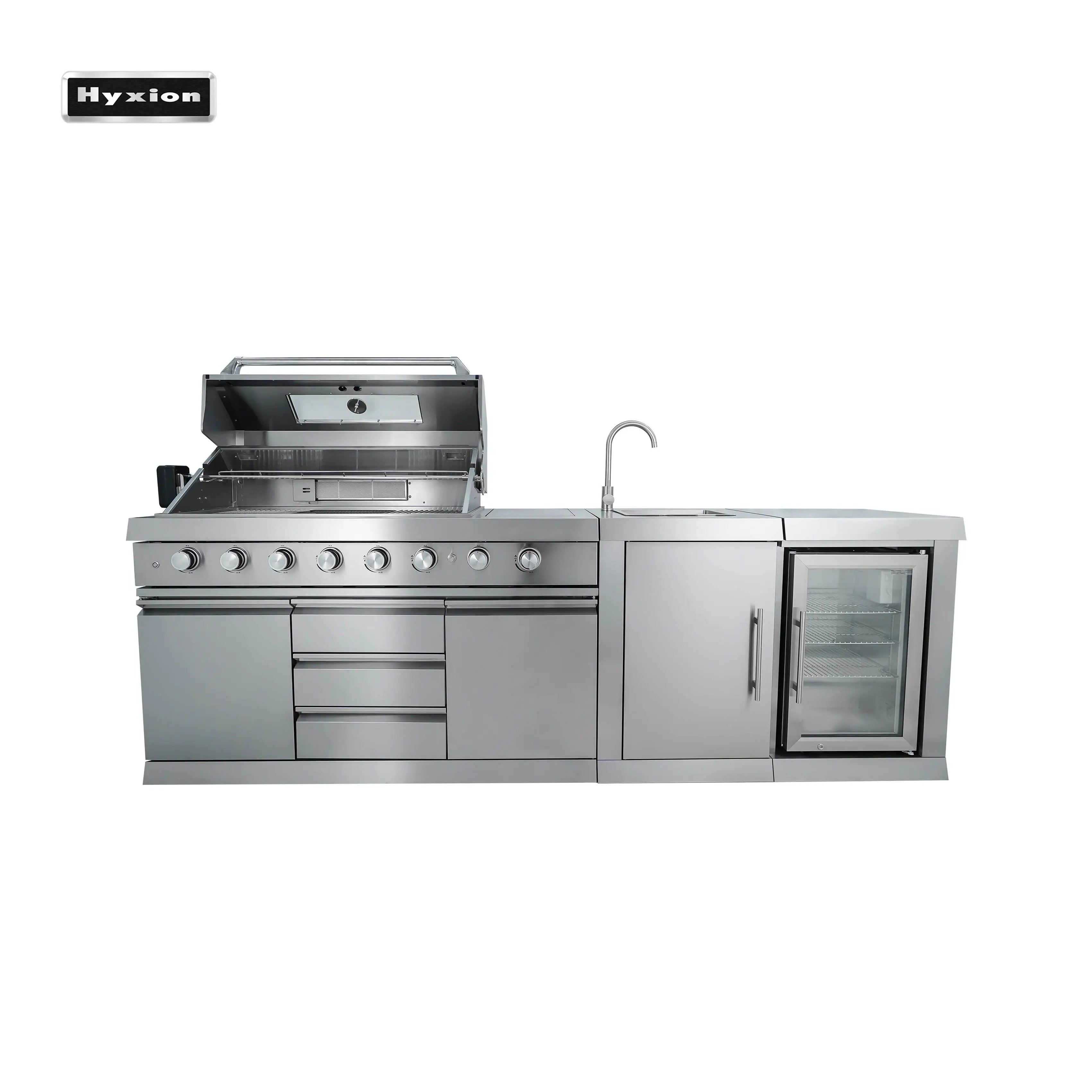 Portable Outdoor Kitchen Unit with 8-Burner BBQ Grill 58L Fridge Locking Swivel Casters
