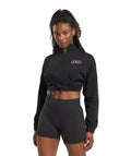 Custom Logo Women's Black Cropped Pullover Hoodie with Drawstring Waist and Zip Neck Gym and Streetwear Half Zip Jacket