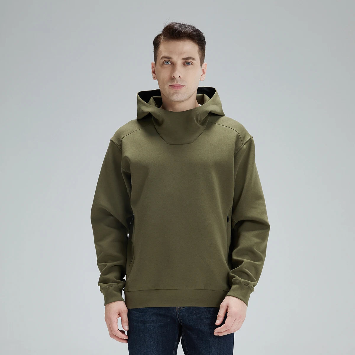 Custom Hoodies Cotton Stand up Collar Men's Pullover Hoodies With Zipper Pockets