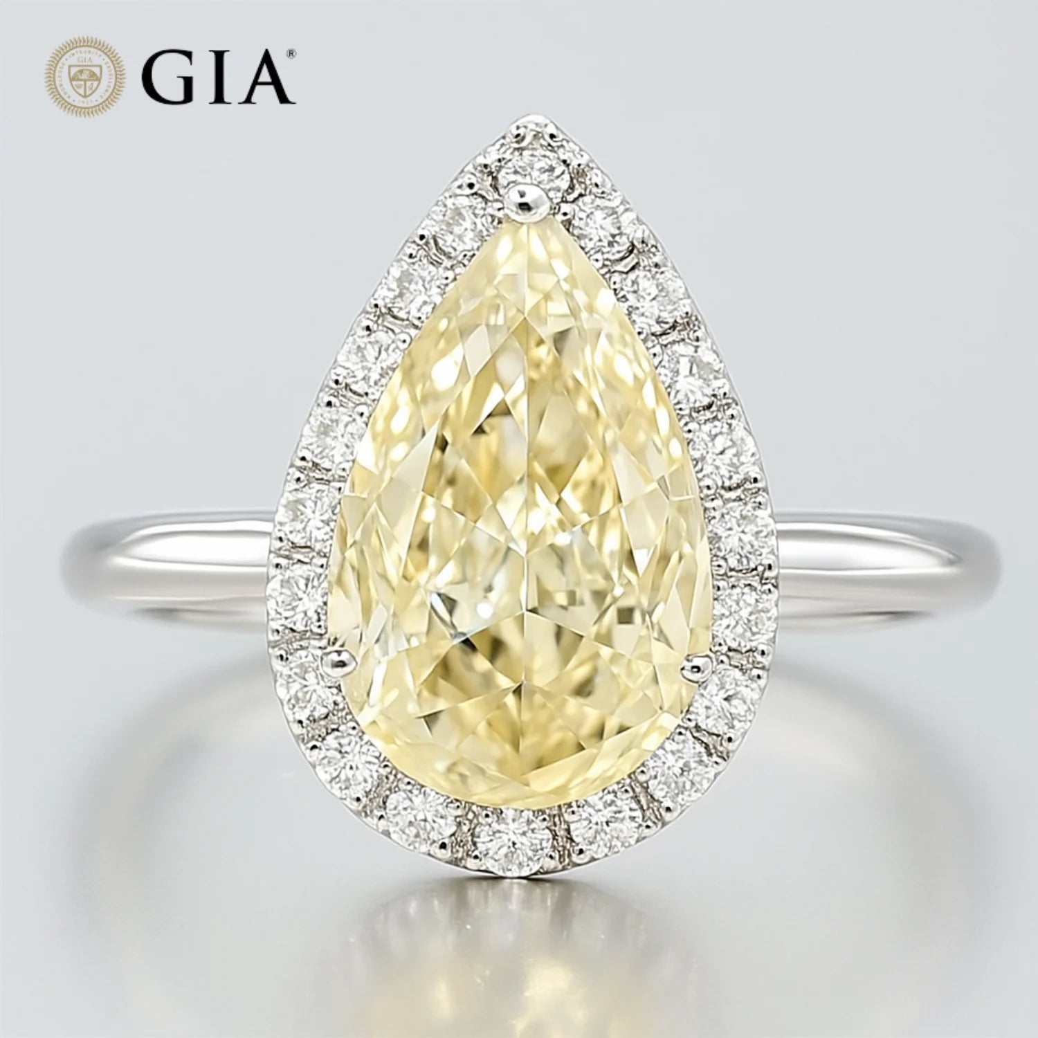 Luxury 1.00 Carat Fancy Light Yellow Pear Cut Diamond White Gold Solitaire Halo Engagement Eternity Wedding Ring Natural for