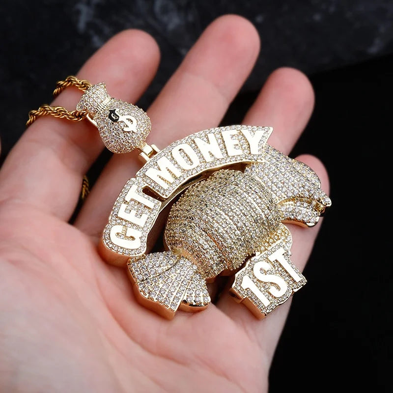 Hip Hop GET MONEY Geometric Zircon Dollars Bag Candy Pendant Iced Sweets Charm Necklace Brass Gold Plated Rope Chain Men Women