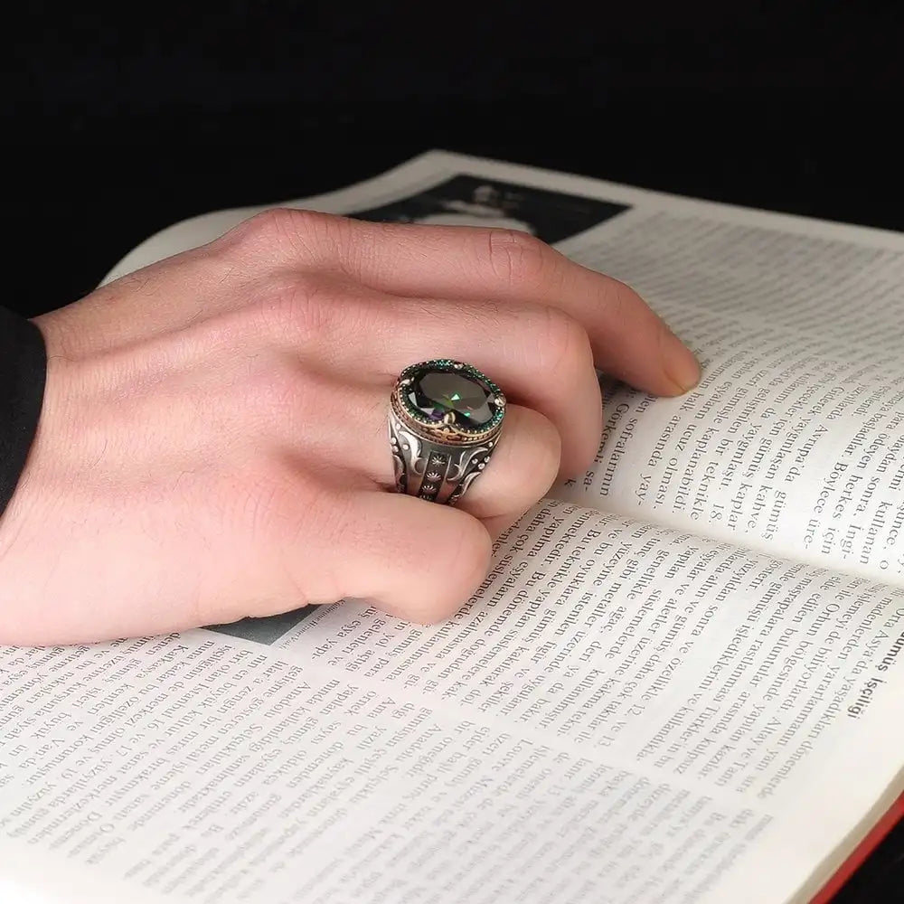 Turkish 925 Sterling Silver Men's Ottoman Style Ring with Natural Agate Stone Fine Jewelry Azuris VALKH1259