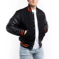 Black Varsity Jacket with Orange Stripes Faux Leather Sleeves Snap Button Wool Body College Baseball Bomber Letterman Coat