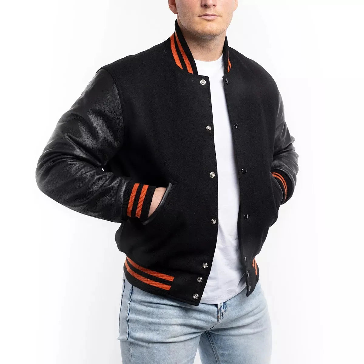 Black Varsity Jacket with Orange Stripes Faux Leather Sleeves Snap Button Wool Body College Baseball Bomber Letterman Coat