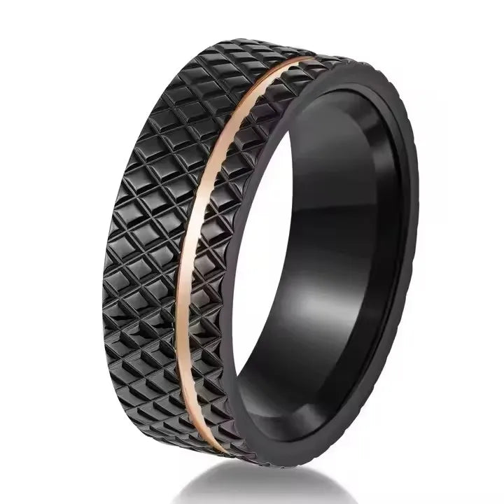 POYA New 8mm Black Plated Rose Gold Grooved Stainless Steel Rhombus Cut Finish Men's Ring for Weddings Gifts