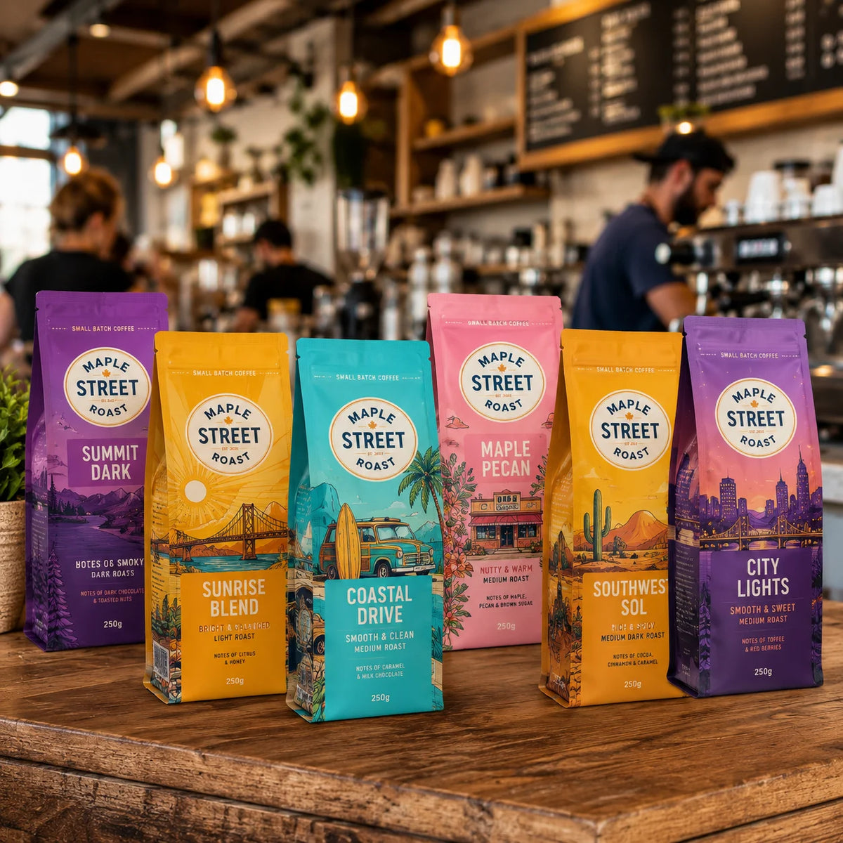 AT PACK Custom Printed 250g PPWR EU Single Material PE Coffee Bags with Valve & Zipper for Roasters Brands and Retail Packaging MegaBDM