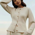 EU/US Export Cross-Border Women's Knit Cardigan - Bell Sleeve Slim Waist Solid Crew Neck Elegant Outerwear