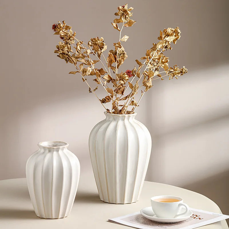 Nordic Ribbed Ceramic Vase Minimalist Decorative Flower Vase Cream Glazed Home Decor Planter Wholesale MegaBDM