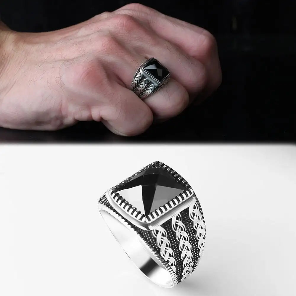Azuris Turkey 925 Sterling Silver Men's Ring Ottoman Style Natural Black Stone VALKH1455