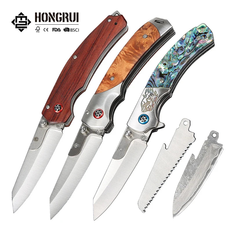Hongrui 2026 New Desgin Easy Quick Change Blade Hunting Folding Knife Damascus 5CR13 Steel Blade Abalone Shell and Wood Handle