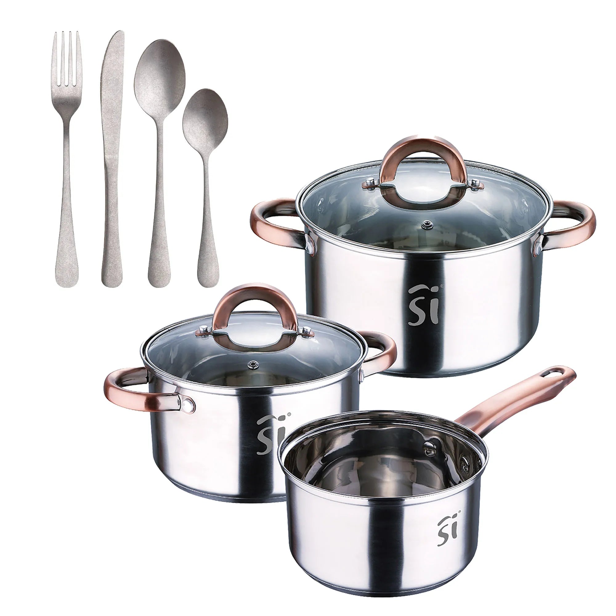 5-piece stainless steel cookware set (16 18 20 cm) suitable for induction + 16-piece stainless steel cutlery set by NOIA