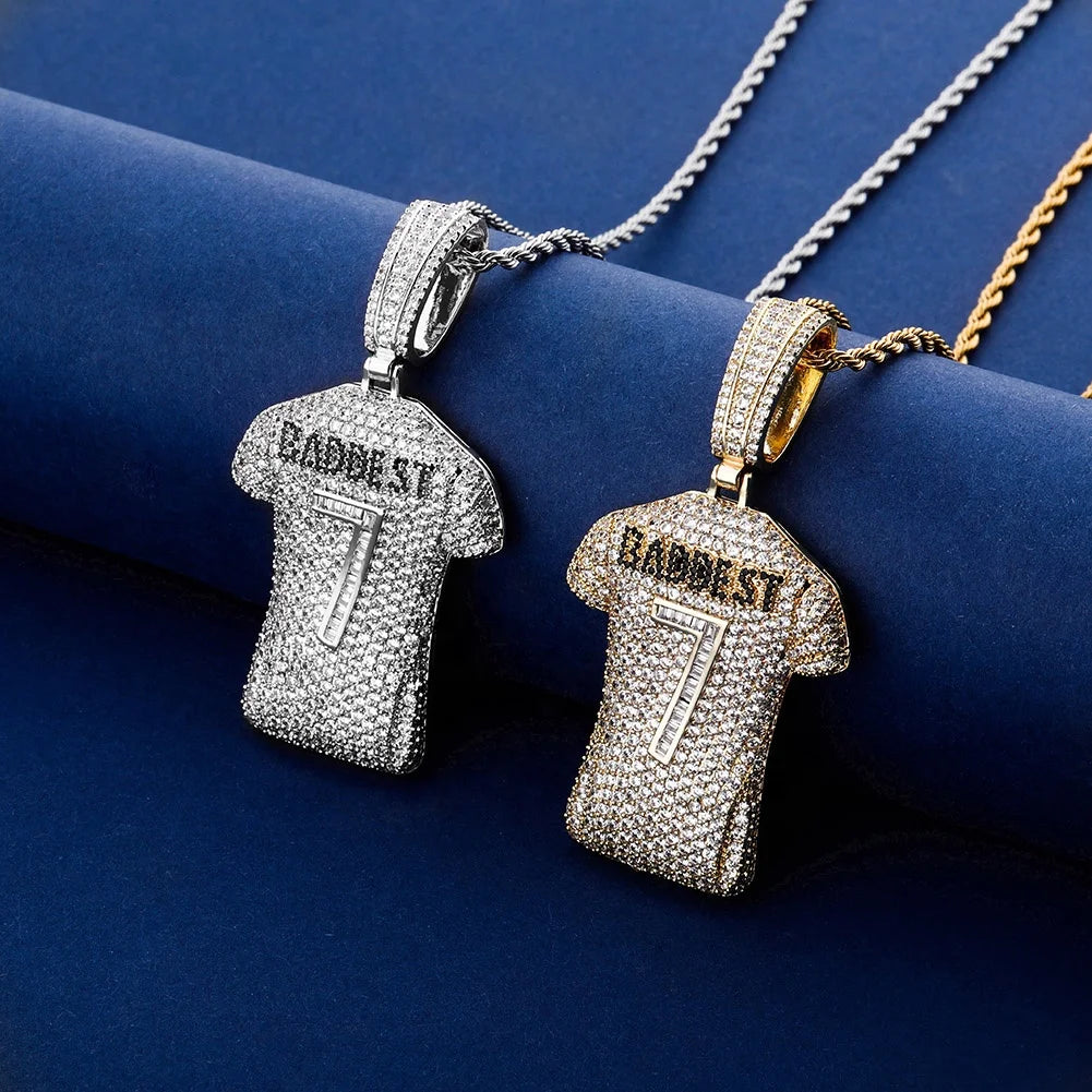 Hip Hop Shiny Number 7 Jersey Pendant Men Women Fashion Brass Gold Plated Lab Diamond T-shirt Charm Necklace Rapper Jewelry Gift