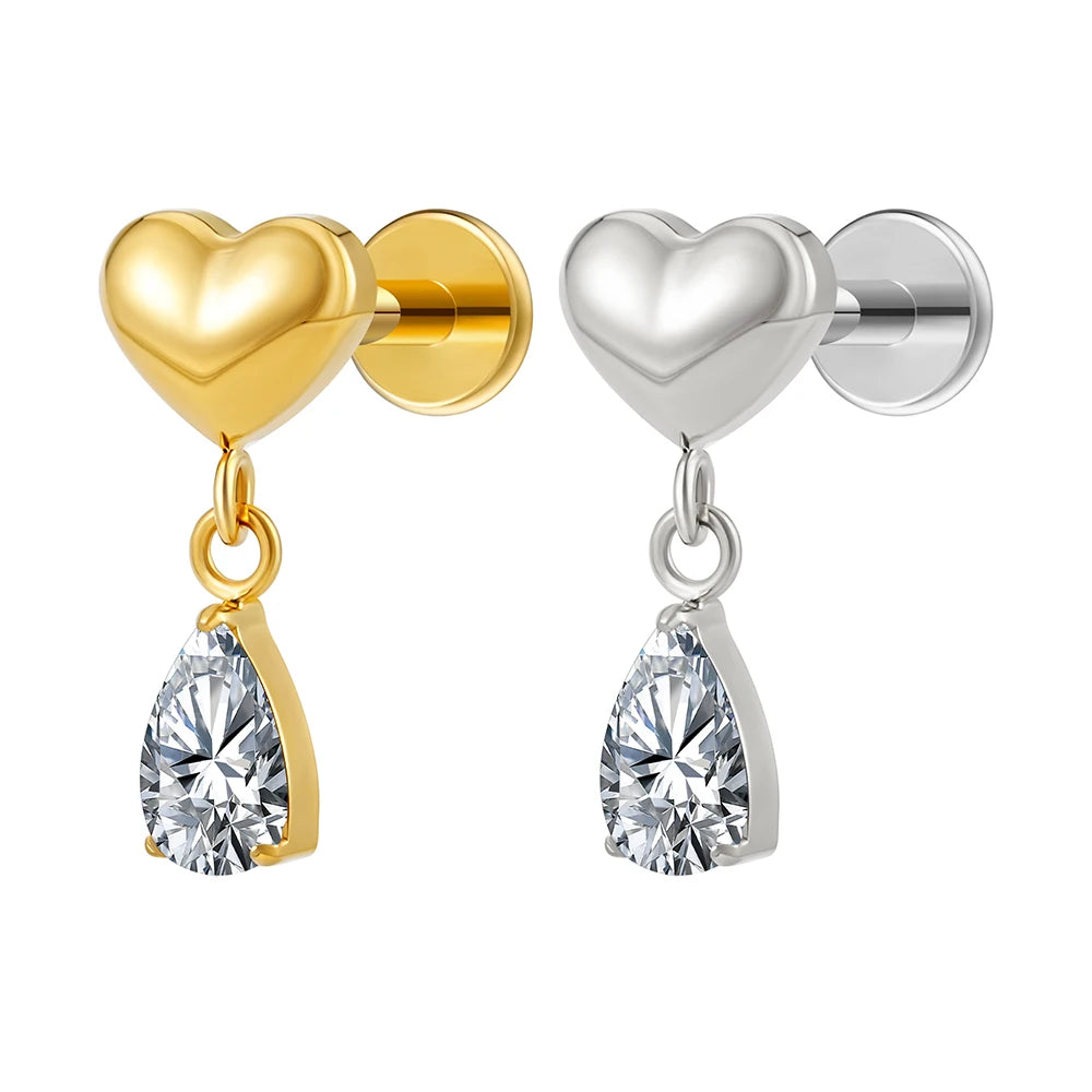 Fine Stud Earrings CZ Teardrop Heart Piercing Titanium Internal Thread Gold PVD Plated Fashion Body Jewelry Women Gift