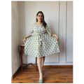 Custom Made Natural Summer Formal Cotton V-Neck Ethnic Print Knee-Length Dress Adjustable Waist Drawcord Eco-Friendly Breathable