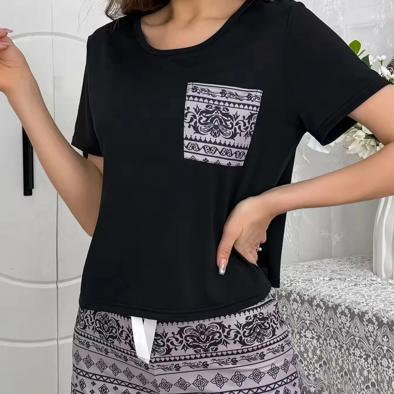 New Design Woman Lounge Wear Summer Soft Short Sleeve Top & Shorts Pajama Set for Women