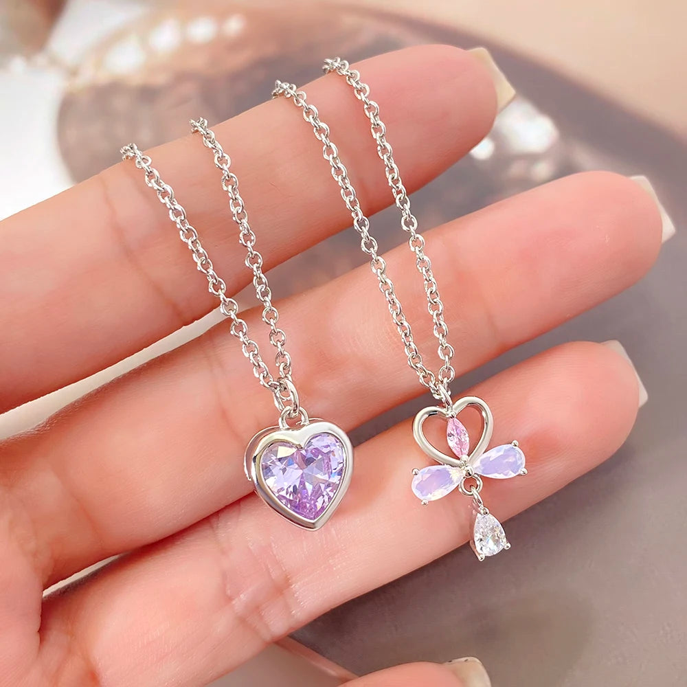 Purple Necklace Foxi Trendy Jewelry for Women Gifts Rhodium Plated Purple Zircon Heart Pendant Necklace