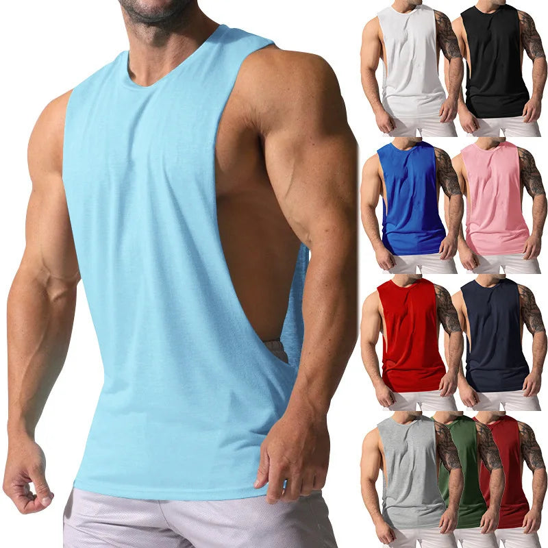 Men's Trendy Summer Sleeveless Tank Top Solid Color Loose Fit Casual Sports Vest Knitted Weaving Stonewashed Techniques
